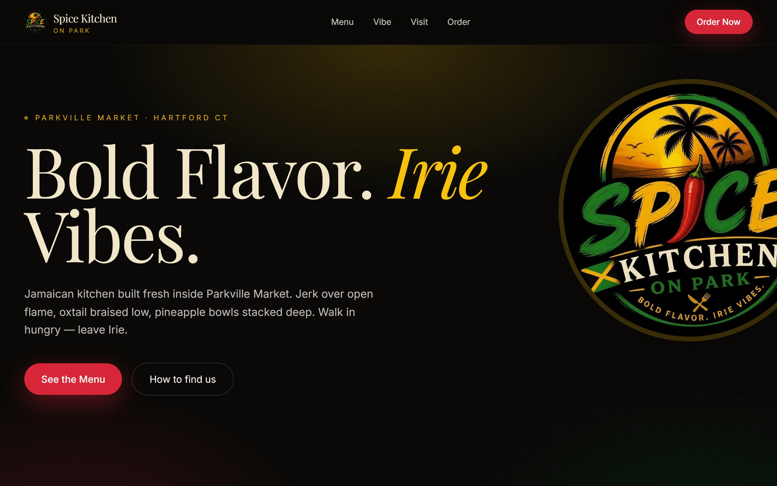 Spice Kitchen on Park website — photo-driven menu for a family Jamaican kitchen